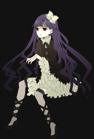 Purple haired gothic girl sitting - a black dress free wallpaper for mobile