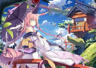 Pink haired fox girl kimono - chizuko yoshida free wallpaper