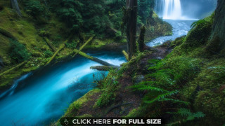 Waterfall blue water forest trees - a waterfall in a forest free wallpaper