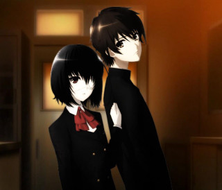 Anime characters hallway standing together - a red bow tie free wallpaper for desktop