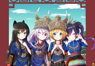 Three anime horns dress posing - a red frame free wallpaper