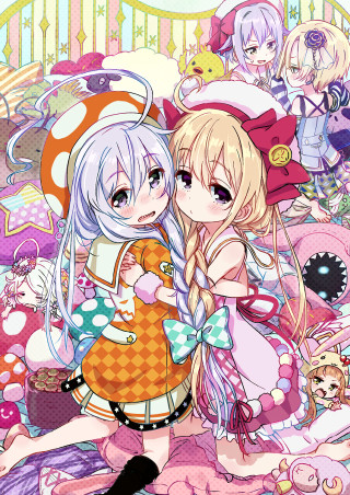 Anime girls hugging mushroom background - other character free wallpaper for mobile