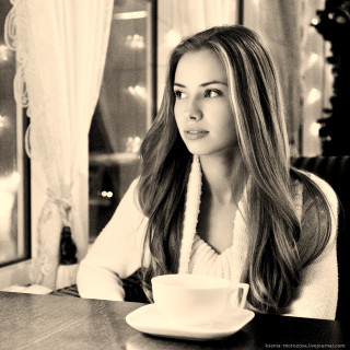 Woman sitting table coffee window - figurative art free wallpaper for tablet