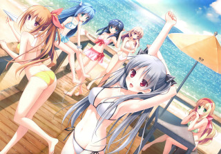 Women pier ocean umbrella group - summer free wallpaper