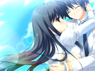 Anime couple hugging blue sky 3 - cloud and sun free wallpaper