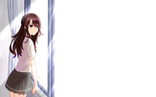 Girl standing window hand hip - anime art style free wallpaper for desktop