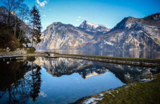 Lake mountains bridge bench nature - free winter wallpaper for desktop