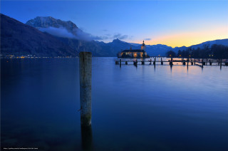 Dock clock tower mountains dusk - free sunset wallpaper for desktop