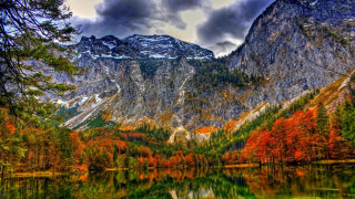 Mountain lake forest autumn cloudy - fall foliage free wallpaper