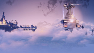 City clouds lighthouse ship painting - a painting of a city free wallpaper