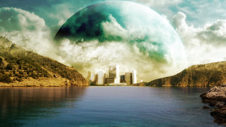 Futuristic city mountain lake green - a lake in front free wallpaper