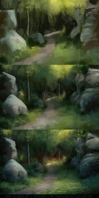 Forest path rocks trees green - matte painting free wallpaper for mobile