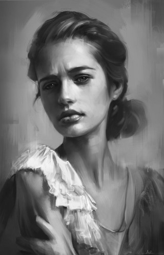 Black white woman serious look - figurative art free wallpaper for mobile
