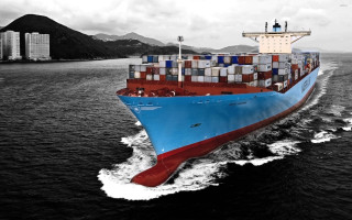 Large blue red ship ocean - mountain free wallpaper