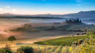 Scenic farm fog hills castle - scenic free wallpaper