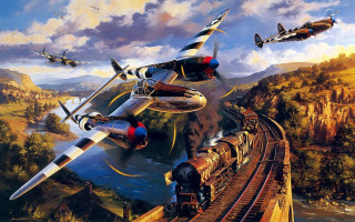Train planes river mountains background - donald sherwood free wallpaper