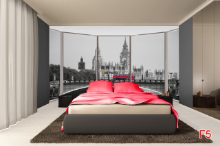 Bedroom large window red sheets - a view of the city free wallpaper