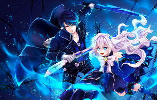 Anime characters swords pose blue - a couple of anime characters holding swords free wallpaper