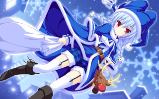 Anime girl flying reindeer snowman - her shoulder free wallpaper