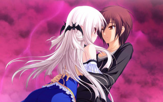 Anime couple hugging pink sky - a pink sky free wallpaper for desktop