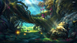 Fantasy forest people walking trees - tree and people free wallpaper