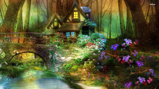 House woods bridge stream flowers - a painting of a house free wallpaper