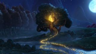 Tree light river night painting - a painting of a tree free wallpaper
