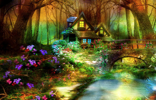 House woods bridge stream flowers 2 - kinkade free wallpaper