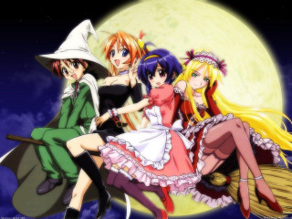 Anime girls broom fullmoon witch - a full moon behind them free wallpaper