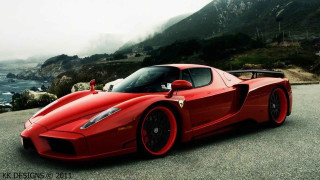 Red sports car ocean mountains 3 - fog free wallpaper