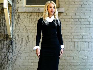 Woman black dress brick wall 2 - contemporary free wallpaper for desktop