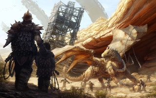 Man woman desert dragon structures - fantasy concept art free wallpaper