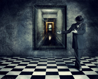 Man suit hat painting hallway - a door free wallpaper