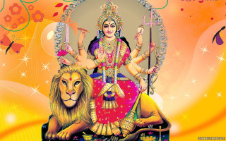 Woman lion sword painting sitting - a background of flowers free wallpaper