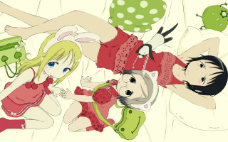 Anime girls bed green object - top of a bed together free wallpaper