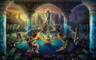 Fountain man woman sitting painting - dmt free wallpaper