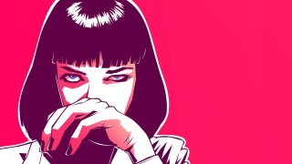 Woman blackhair whiteShirt mouthepose popart - synthwave free wallpaper for desktop
