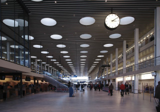 Large clock building people staircase - open ceiling free wallpaper