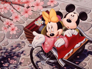 Mickey minnie bicycle cherry blossoms 2 - a bicycle free wallpaper