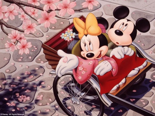 Mickey minnie bicycle cherry blossoms - a bicycle free wallpaper