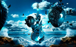 Surreal guitar sky clouds water - cloud and water free wallpaper