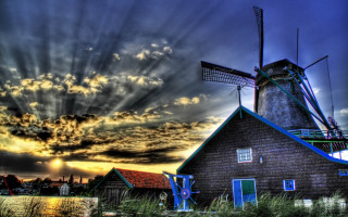 Windmill building culminating sunset crepuscular - the cloud above free wallpaper