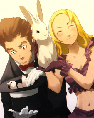 Man woman costume holding rabbit - magic realism free wallpaper for mobile