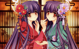 Anime girls purple hair flowers - their hair free wallpaper