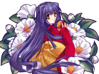 Purple haired woman flower kimono - long purple hair free wallpaper