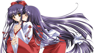 Anime girls hugging red outfits - long hair and a bow free wallpaper