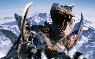 Giant dinosaur people mountain snow - two person free wallpaper for desktop