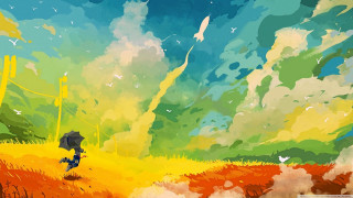 Person umbrella field grass trees - overhead free wallpaper