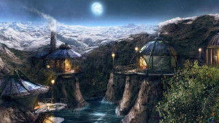Futuristic mountain town river mountain - a mountain range in the background free wallpaper