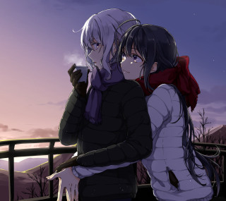 People standing purple sky fence - two person free wallpaper for tablet